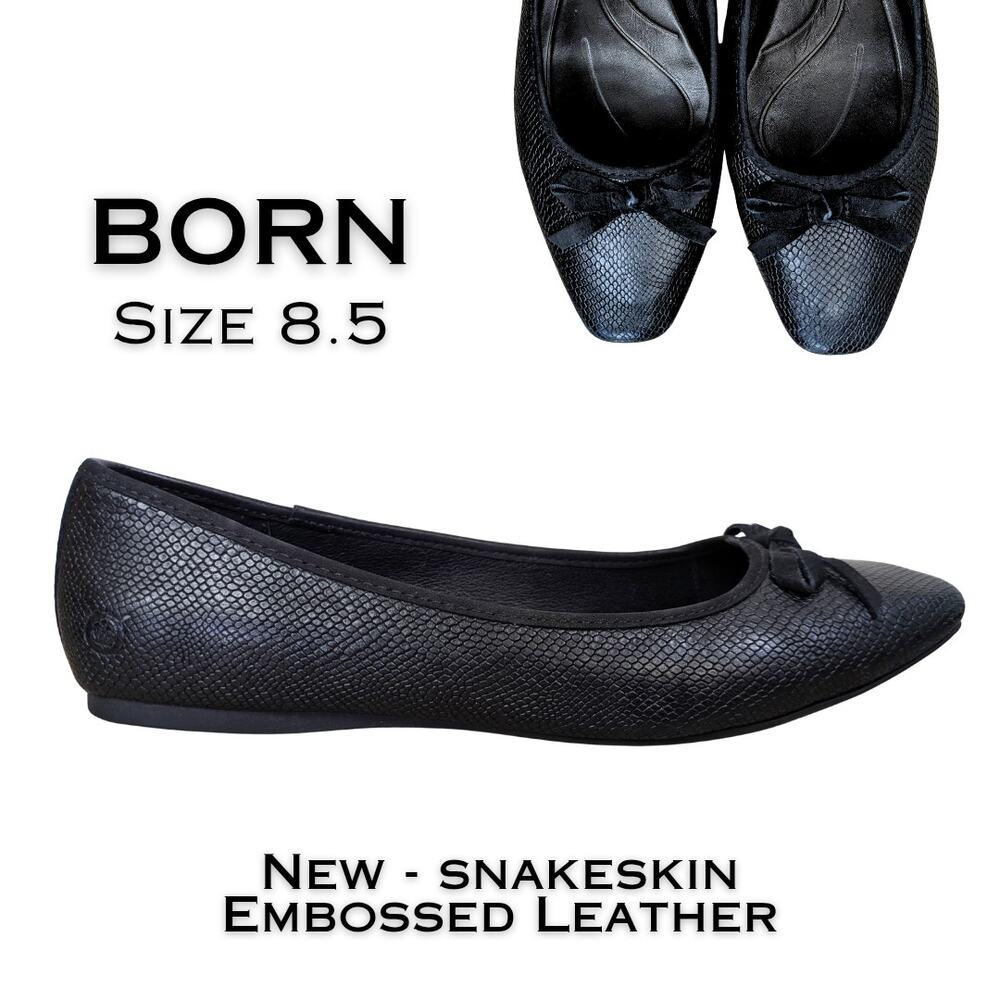 Born Leather Ballet Flats Womens 8.5 M Black Snakeskin Embossed Bow Round Toe